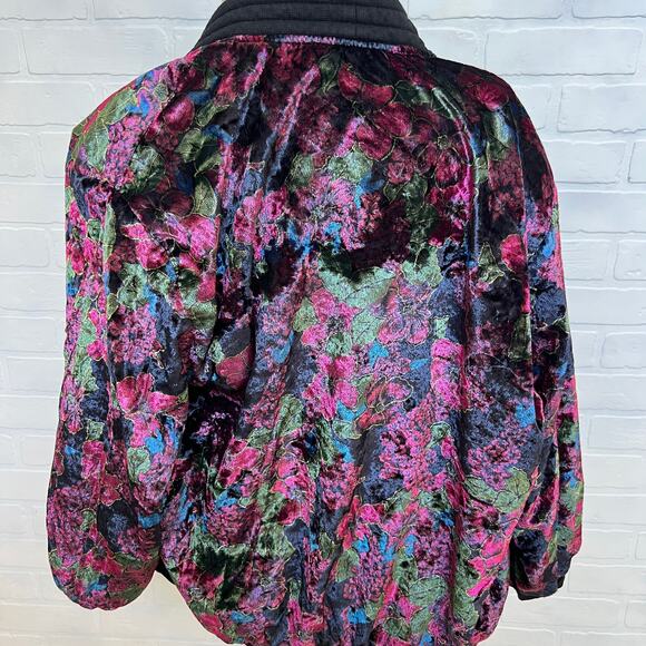 Sun Hung Velvet Floral Black Purple Reversible Bomber Style Button Jacket-sz  XL - Picture 2 of 8